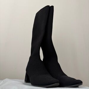 US 5 Black Knit Knee-High Block Heel Boots